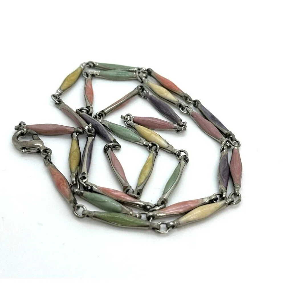 Vintage Pastel Enamel Link Necklace Gold Tone Green Yellow Purple Pink